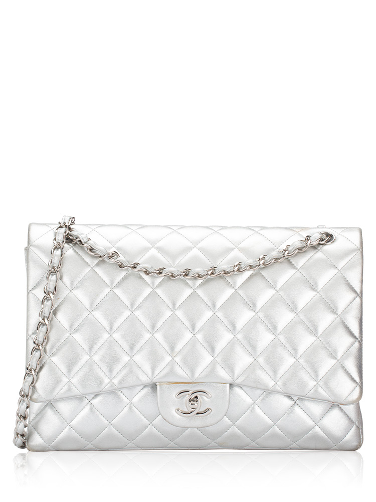 Metallic Lambskin Classic Maxi Single Flap Bag Silver