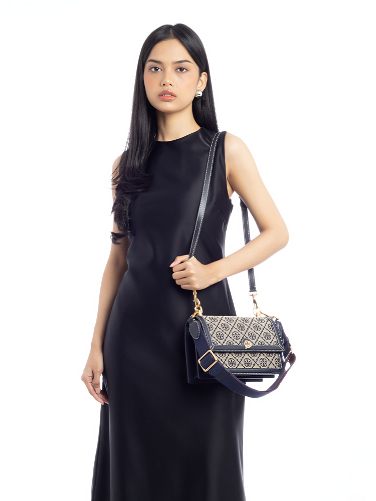 T Monogram Jacquard Small Shoulder Bag Tory Navy