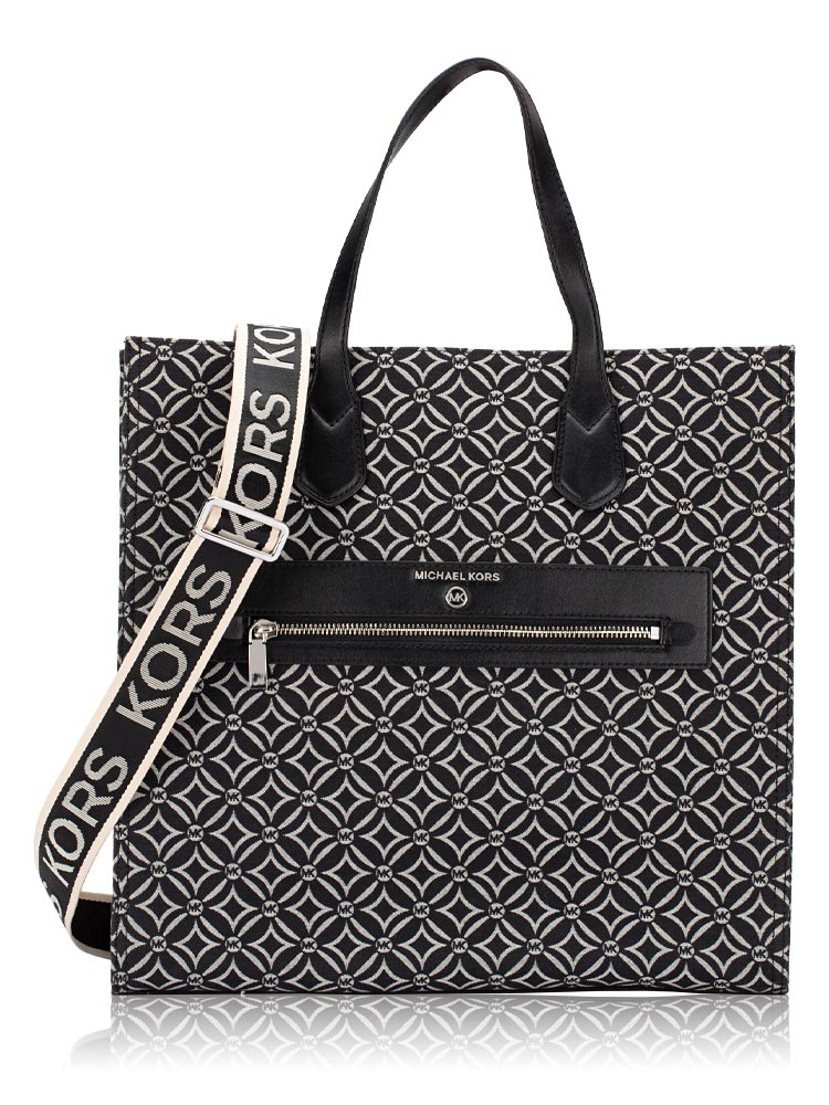Signature Jacquard Kempner Large Tote Bag Black Light Cream