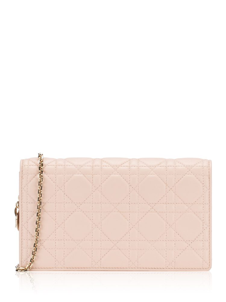 Lambskin Cannage Lady Dior Pouch with Chain Rose Poudre