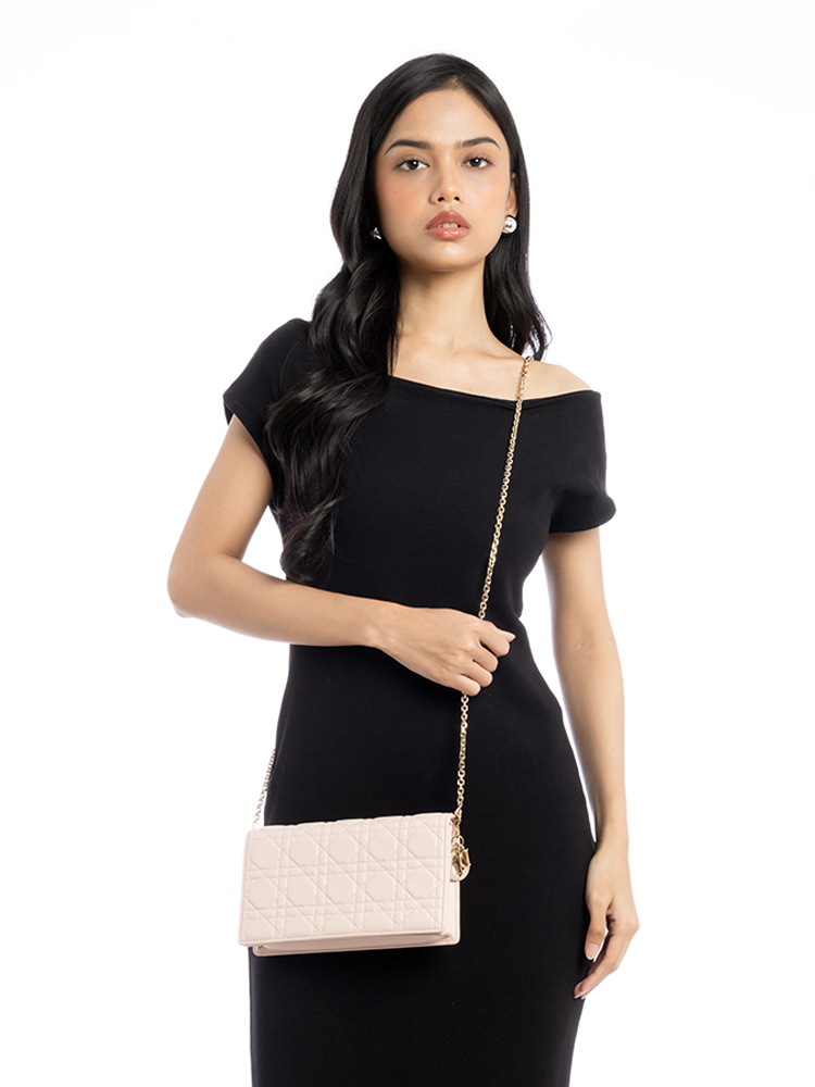 Lambskin Cannage Lady Dior Pouch with Chain Rose Poudre