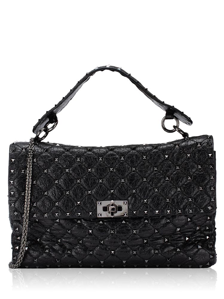 Craquele Nappa Rockstud Spike Large Shoulder Bag Black