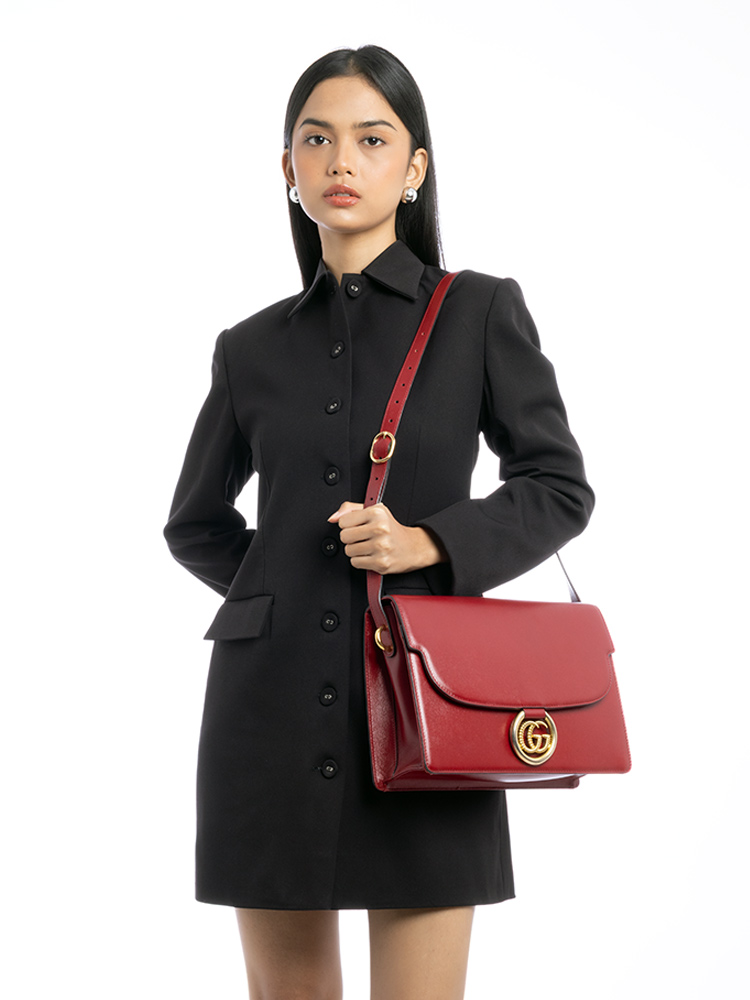 Textured Calfskin Torchon GG Ring Large Shoulder Bag New Cherry Red