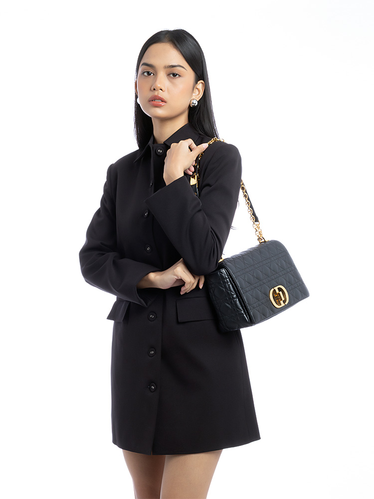 Grained Calfskin Cannage Caro Large Shoulder Bag Black