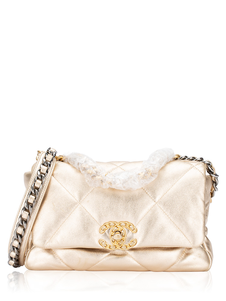 Metallic Lambskin Chanel 19 Medium Flap Bag Gold