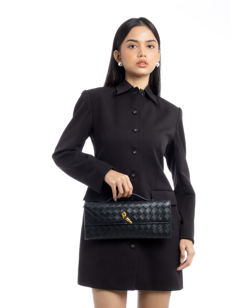 Lambskin Intrecciato Andiamo Long Top Handle Clutch Black