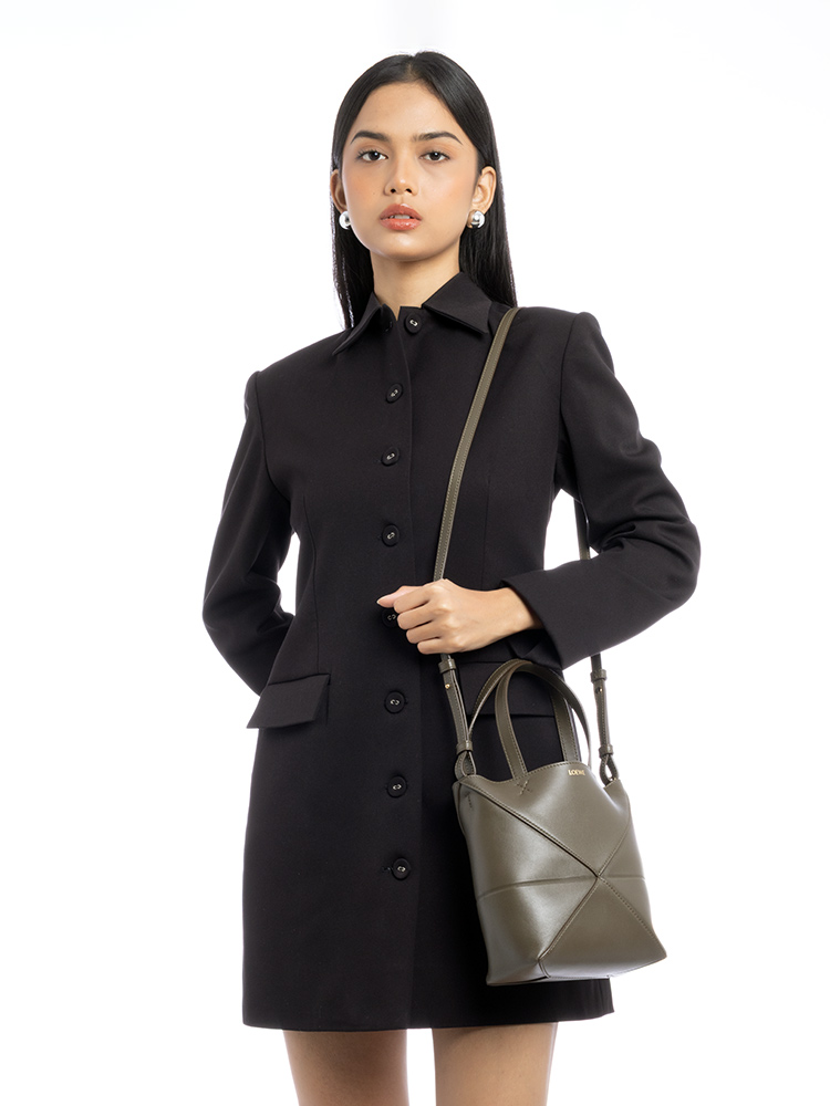 Shiny Calfskin Puzzle Fold Mini Tote Dark Khaki Green