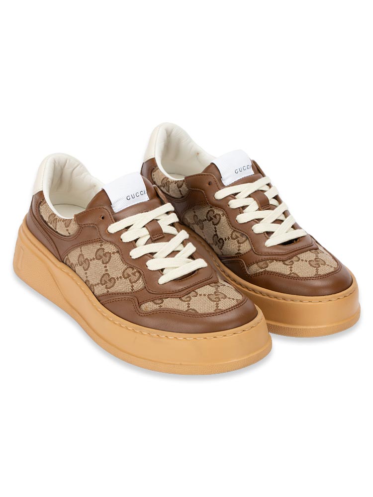 GG Embossed Platform Tennis Sneakers Hazelnut Beige Ebony Sz 38.5