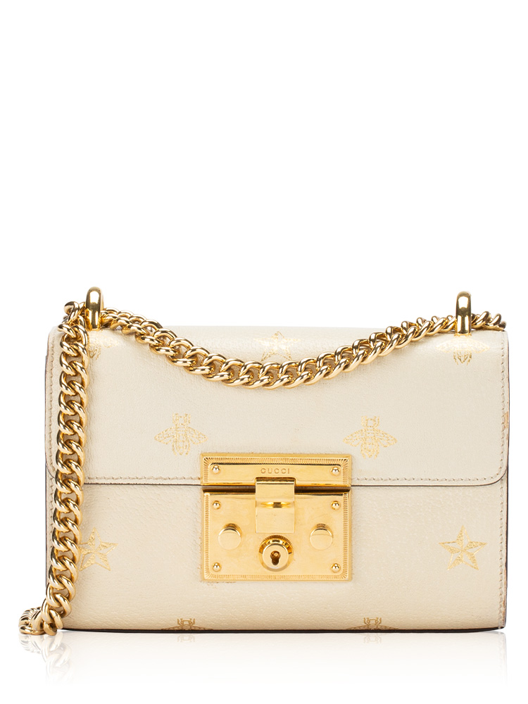 Grained Calfskin Bee Star Padlock Small Shoulder Bag White