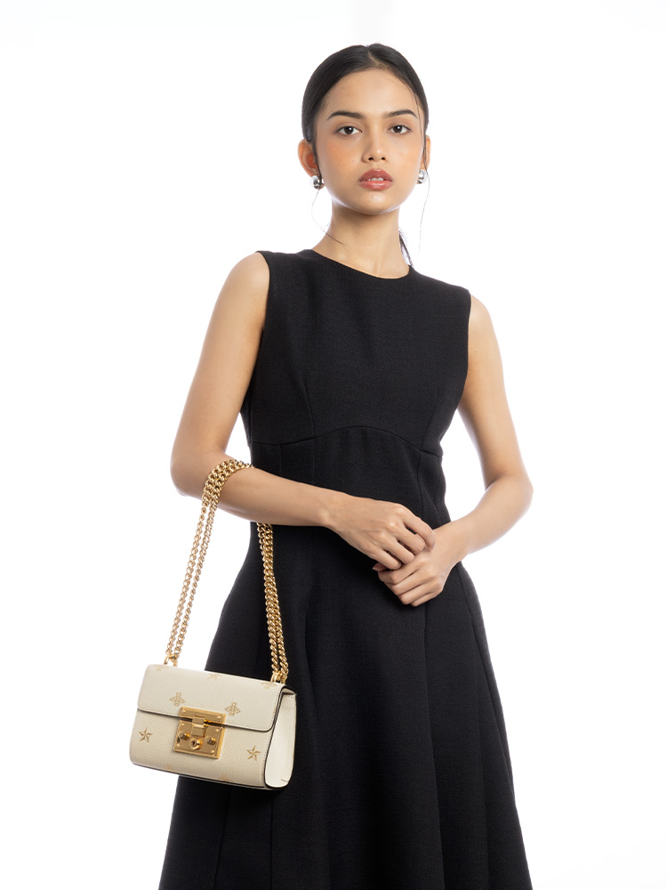 Grained Calfskin Bee Star Padlock Small Shoulder Bag White