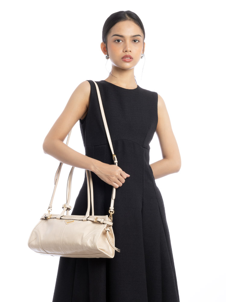 Glossy Calfskin Bonnie Medium Shoulder Bag Travertine