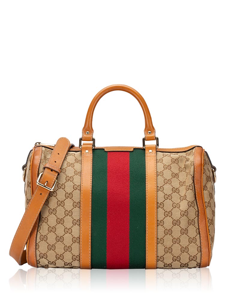 Canvas Vintage Web Medium Boston Bag with Strap Beige Light Brown