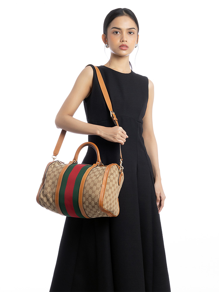 Canvas Vintage Web Medium Boston Bag with Strap Beige Light Brown