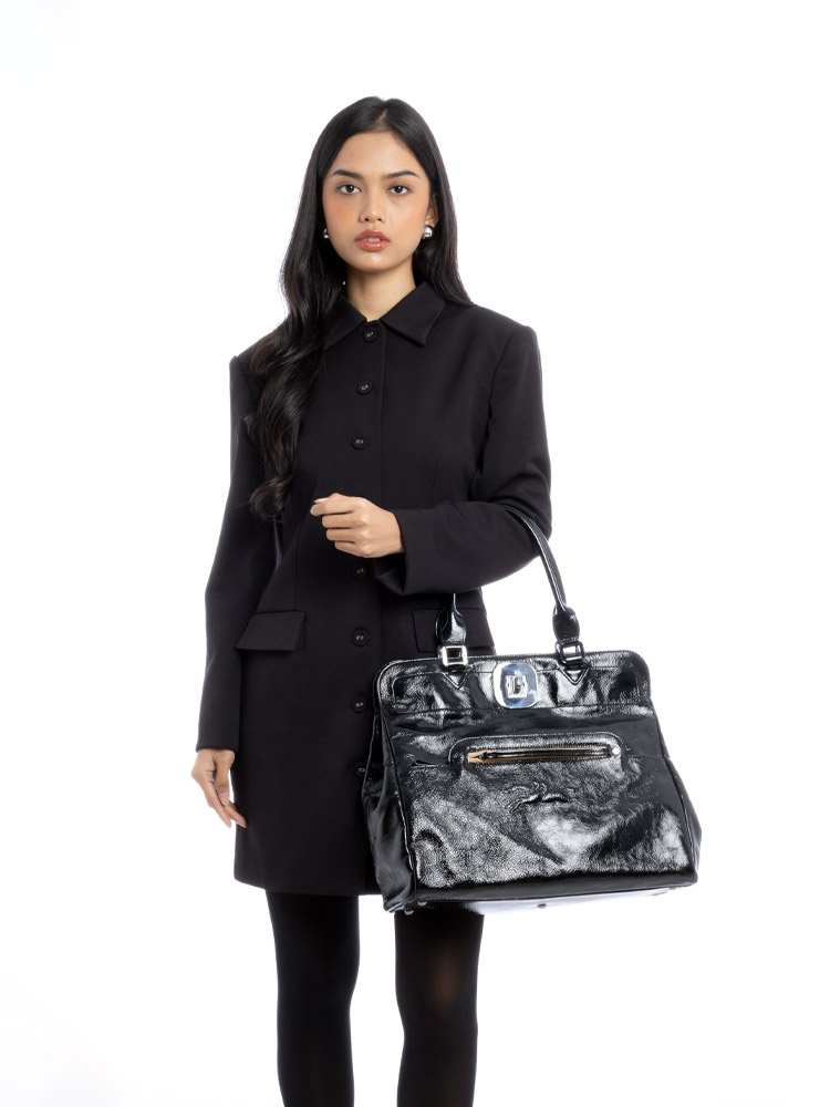 Patent Leather Gatsby Large Shoulder Bag Black