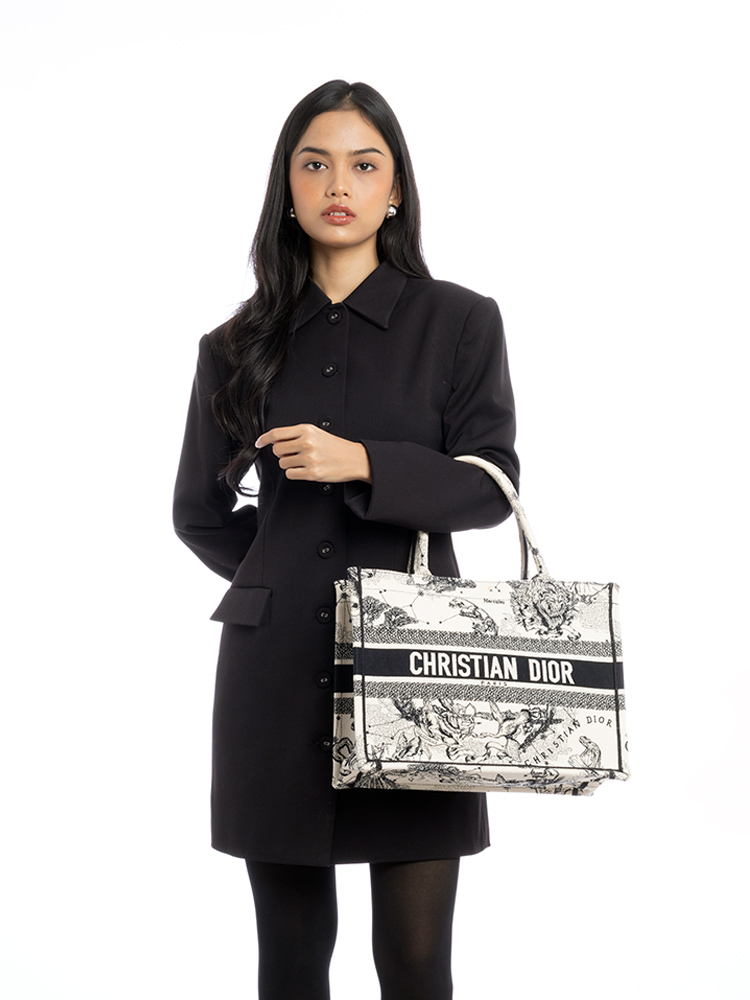 Toile Embroidered Zodiac Medium Book Tote Latte