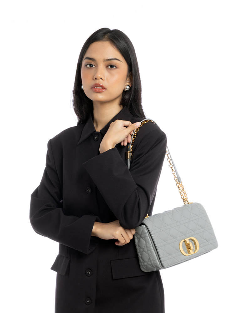 Calfskin Cannage Caro Medium Shoulder Bag Grey