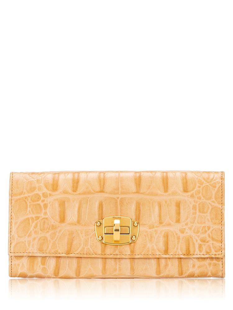 Calfskin Croc Stamped Turn Lock Wallet Beige