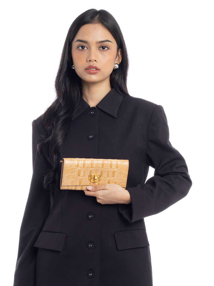 Calfskin Croc Stamped Turn Lock Wallet Beige