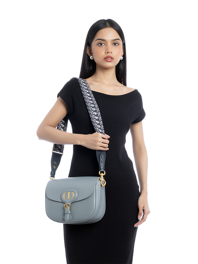Calfskin Bobby Large Shoulder Bag with Jacquard Strap Grey