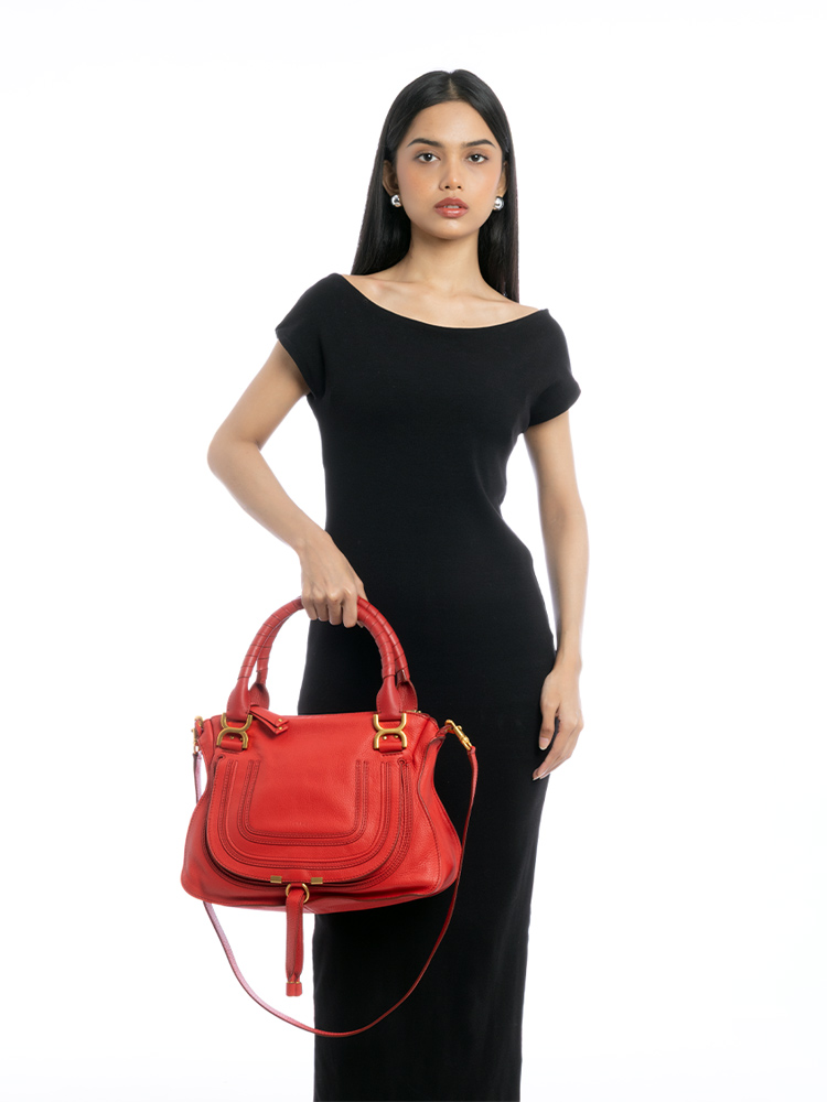 Calfskin Marcie Medium Satchel Plaid Red