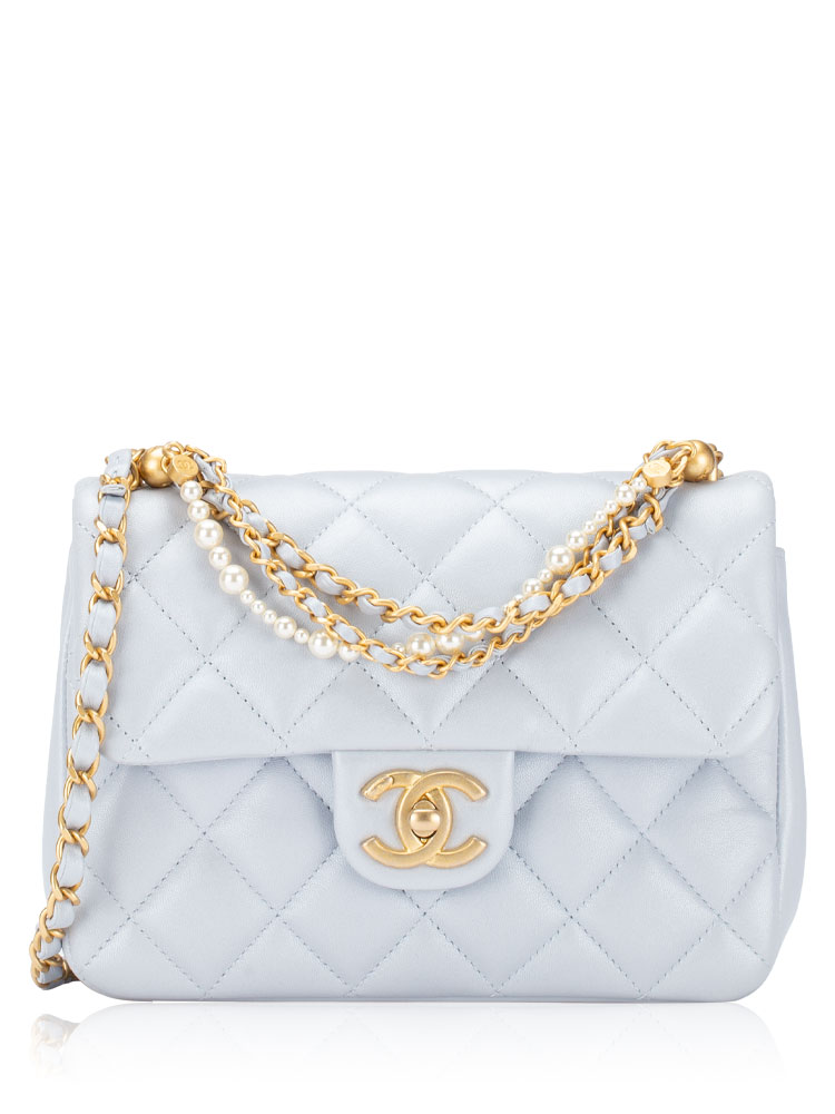 Shiny Lambskin Classic Mini Square Flap Bag with Pearl Twist Light Blue