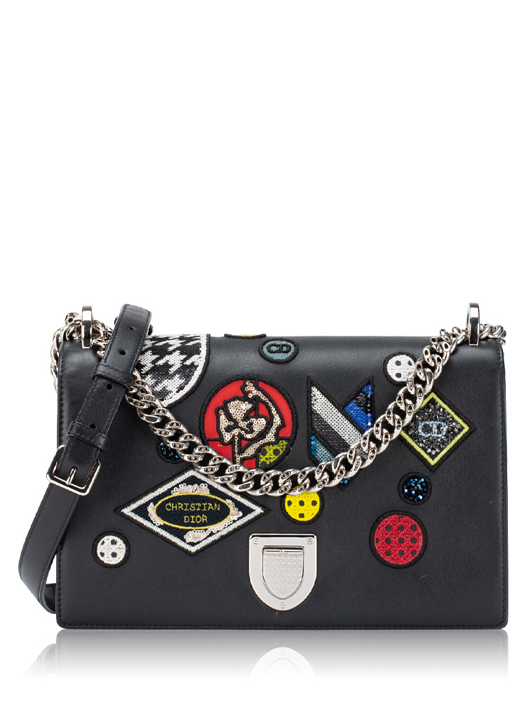 Calfskin Patch Embellished Diorama Medium Shoulder Bag Black