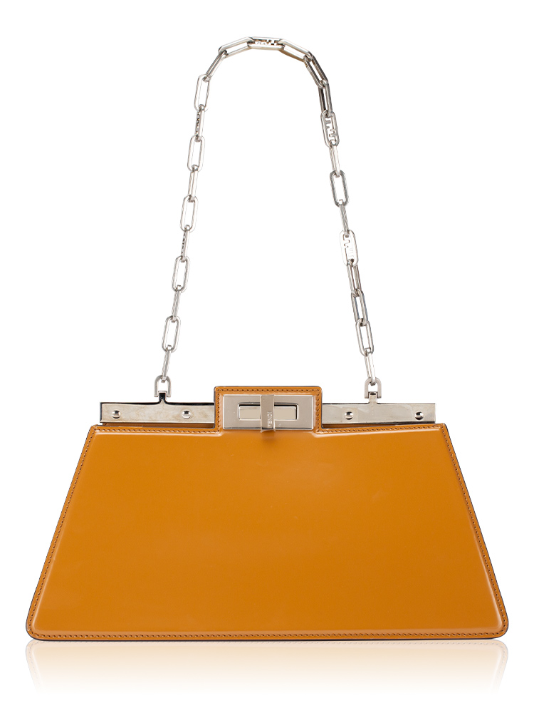 Patent Calfskin Peekaboo Cut Chain Clutch Caramello