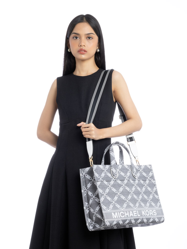 Signature Jacquard Gigi Empire Large Tote Black Optic White