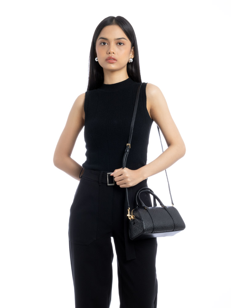 T Monogram Leather Petite Barrel Bag Black