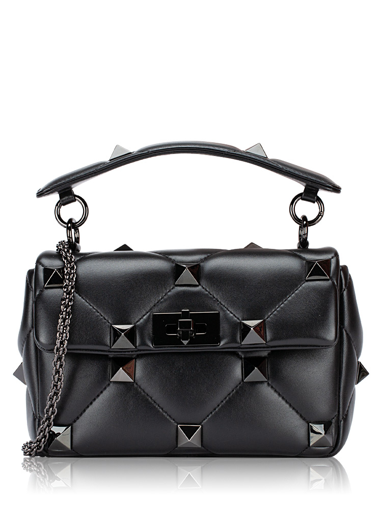 Nappa Monochrome Roman Stud Medium Shoulder Bag Black