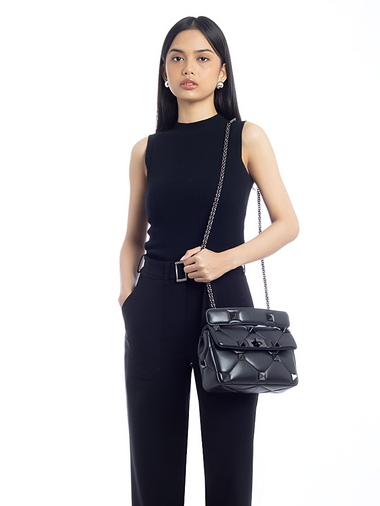 Nappa Monochrome Roman Stud Medium Shoulder Bag Black