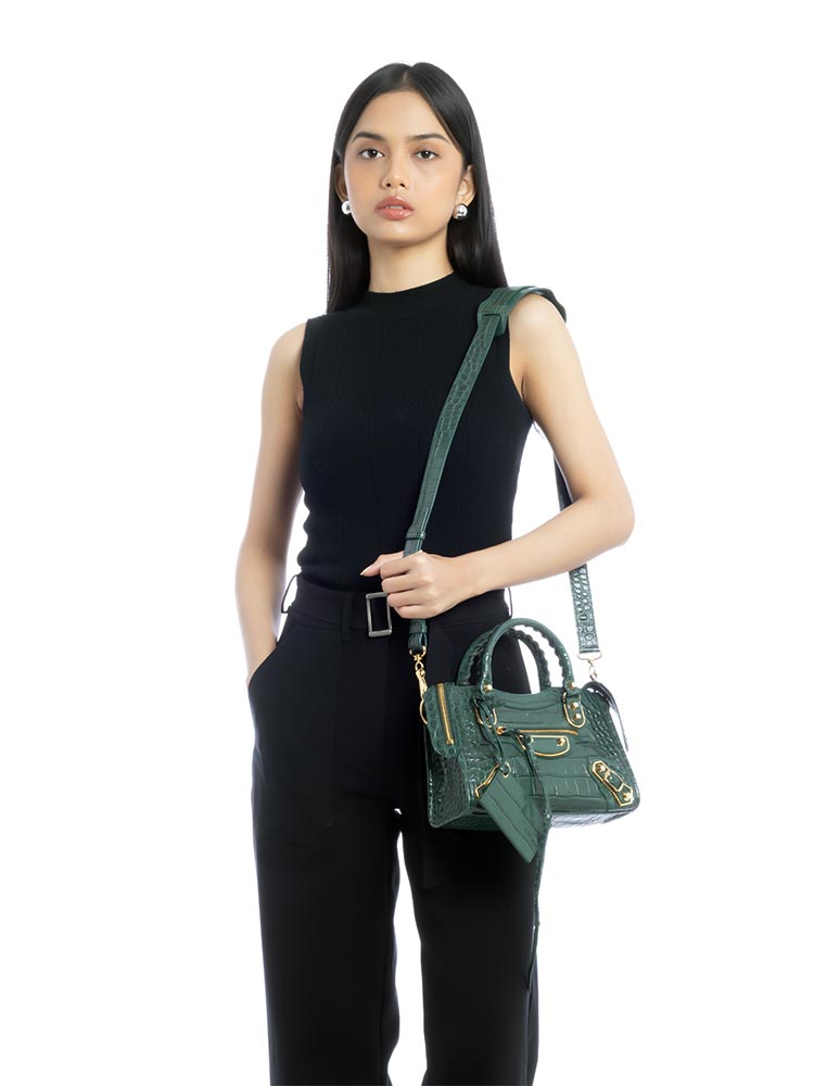 Croco Effect Gold Metallic Edge Mini City Dark Green