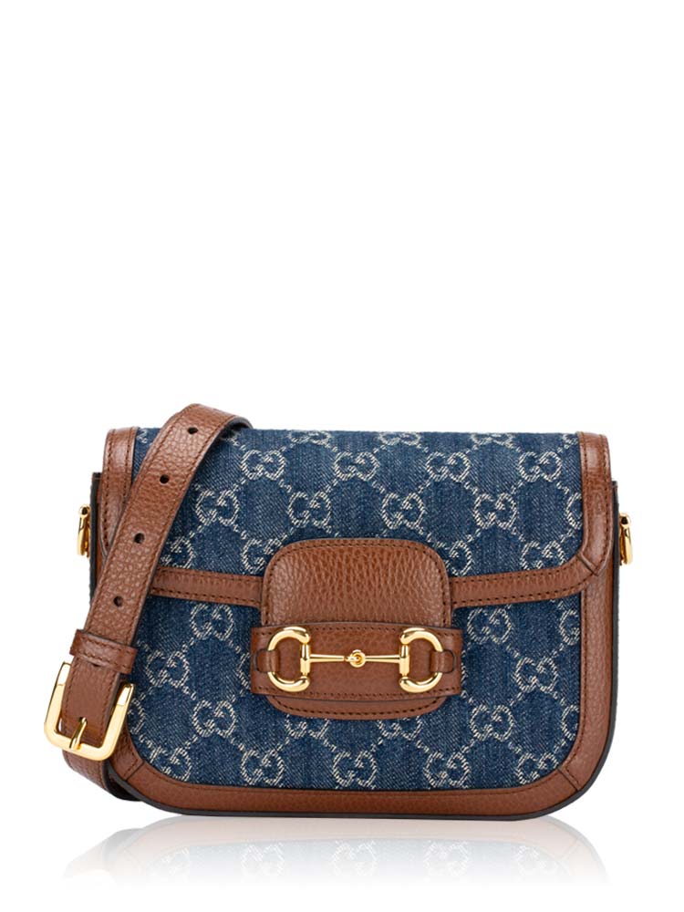 GG Denim Web Horsebit 1955 Mini Shoulder Bag Blue Tea Cuir