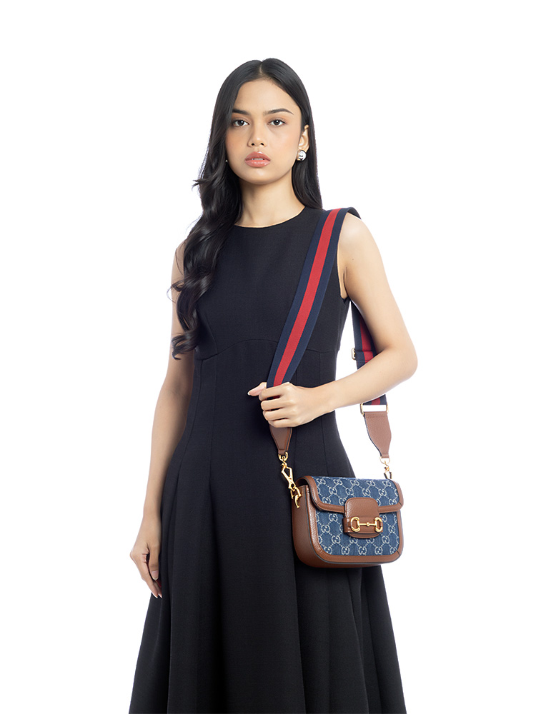 GG Denim Web Horsebit 1955 Mini Shoulder Bag Blue Tea Cuir