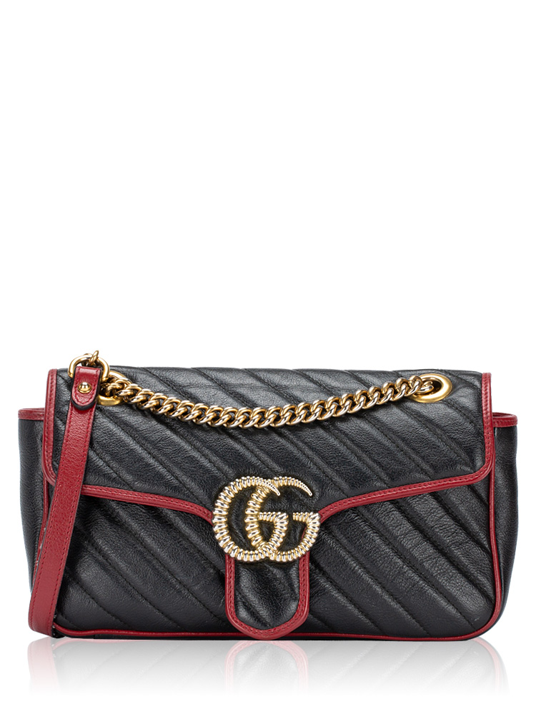 Calfskin Diagonal Matelasse GG Marmont Small Shoulder Bag Black Romantic Cherry