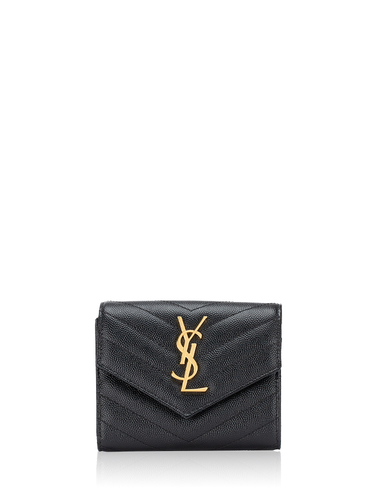 Grain De Poudre Matelasse Monogram Compact Tri Fold Wallet Black