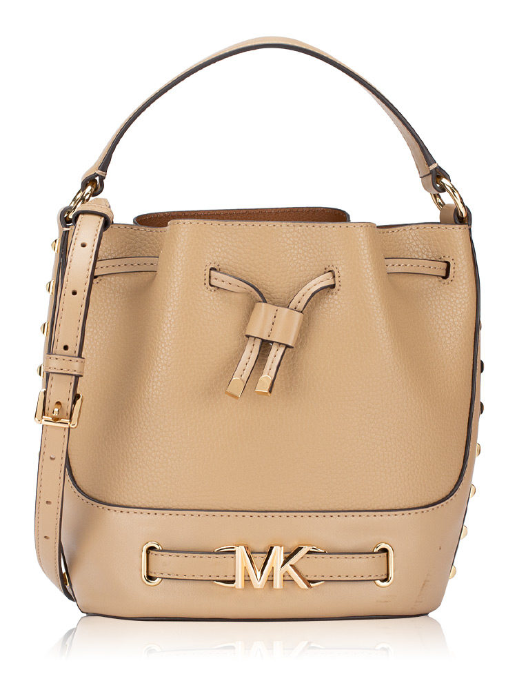Reed Studded Leather Medium Bucket Bag Camel