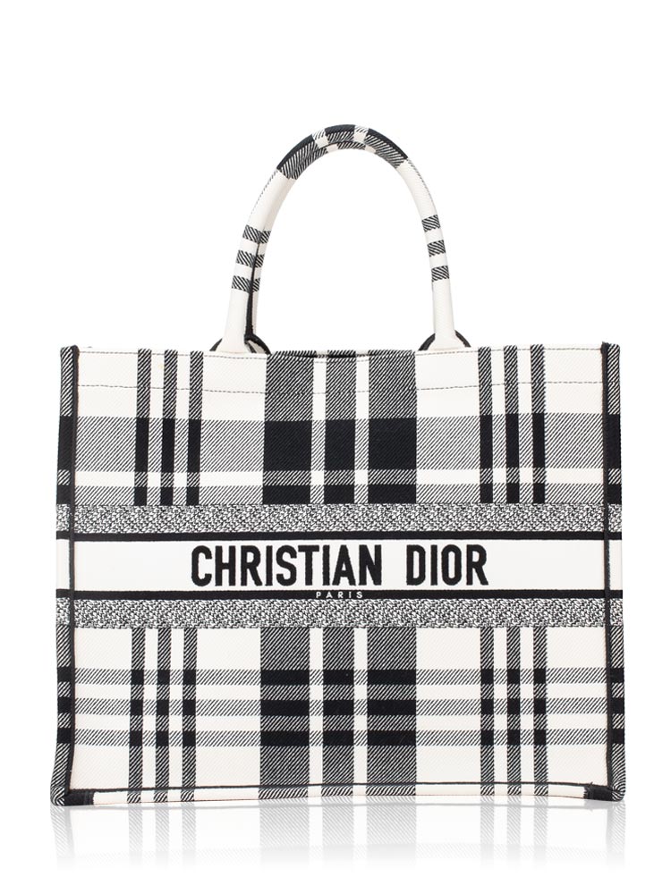 Toile Embroidered Plaid Large Book Tote Black White