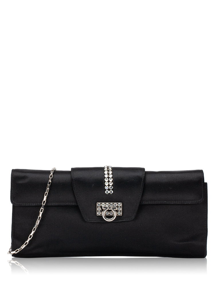 Satin Rhinestones Gancini Clutch With Strap Black