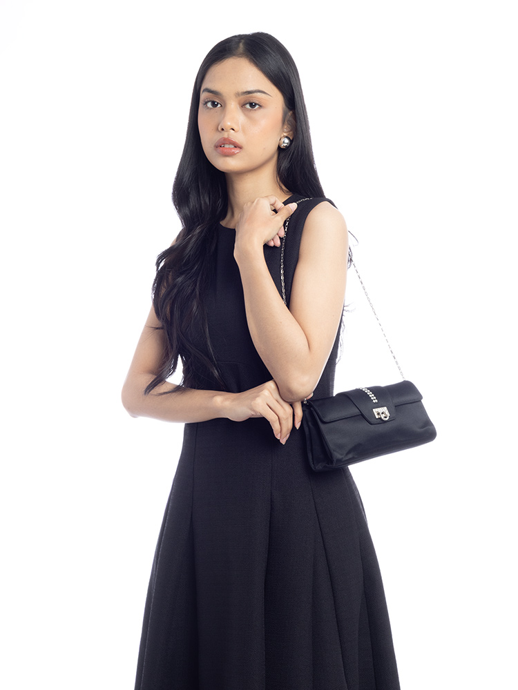 Satin Rhinestones Gancini Clutch With Strap Black