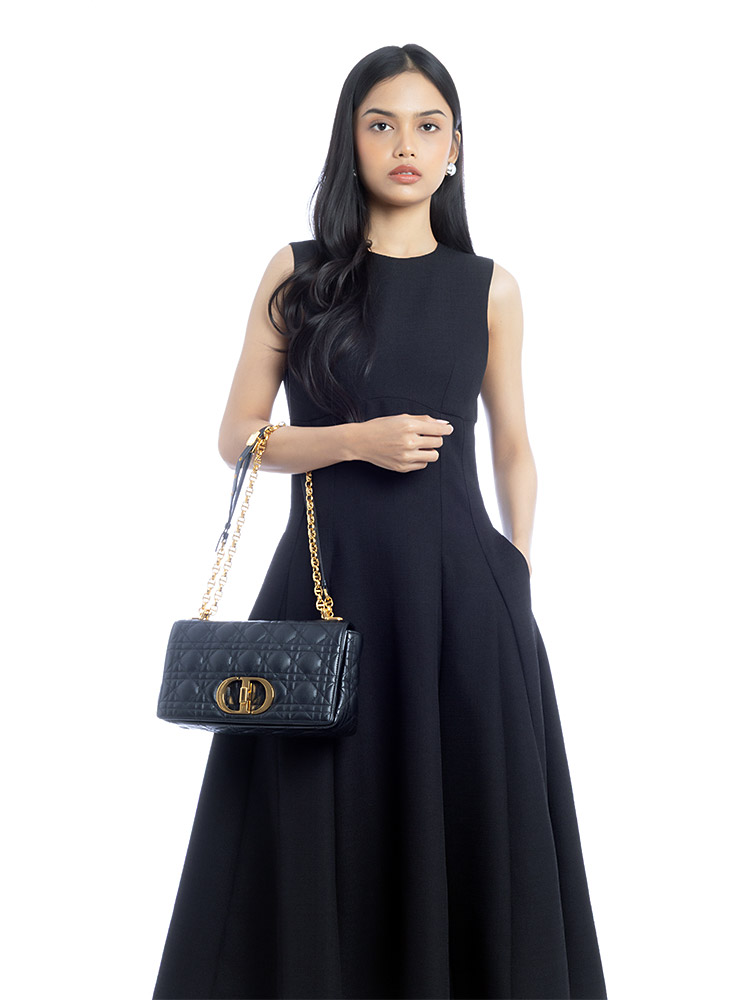 Calfskin Cannage Caro Medium Shoulder Bag Black