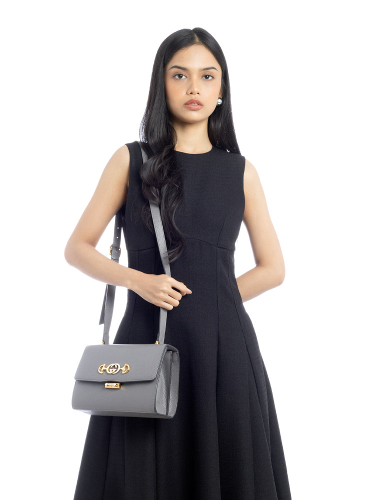 Grained Calfskin Zumi Small Shoulder Bag Grey