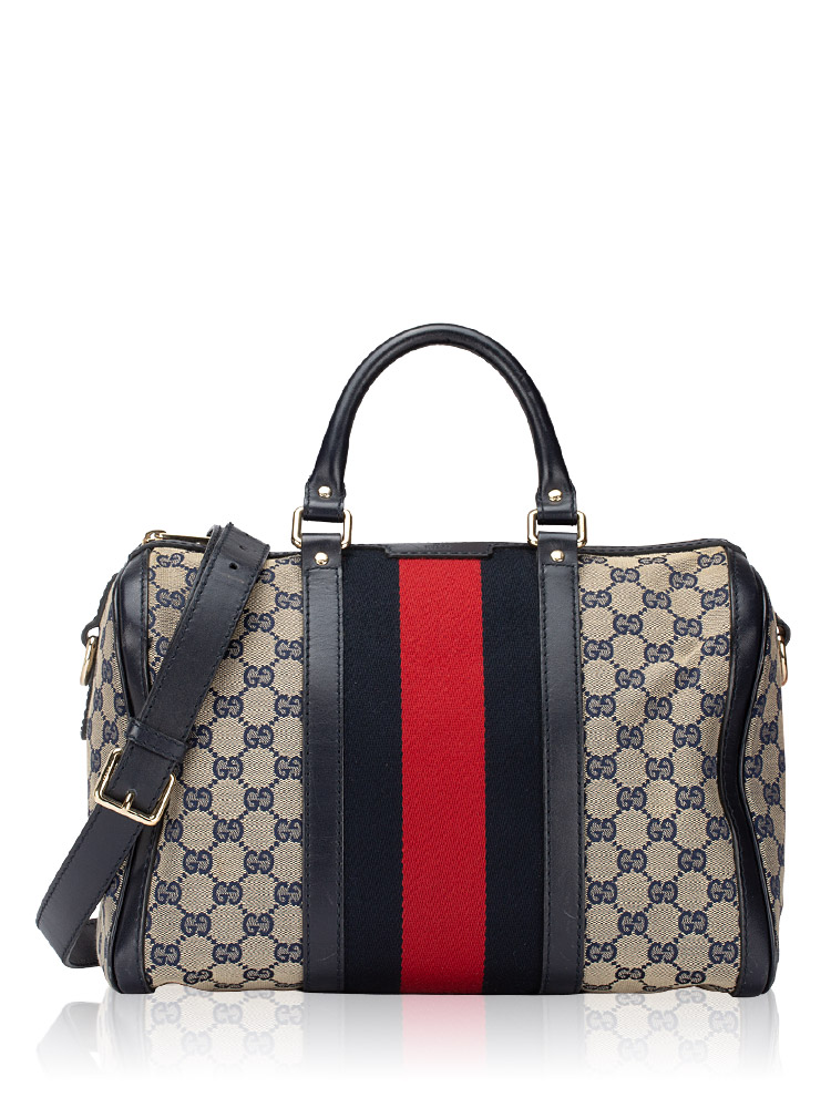 GG Canvas Vintage Web Medium Boston Bag with Strap Navy