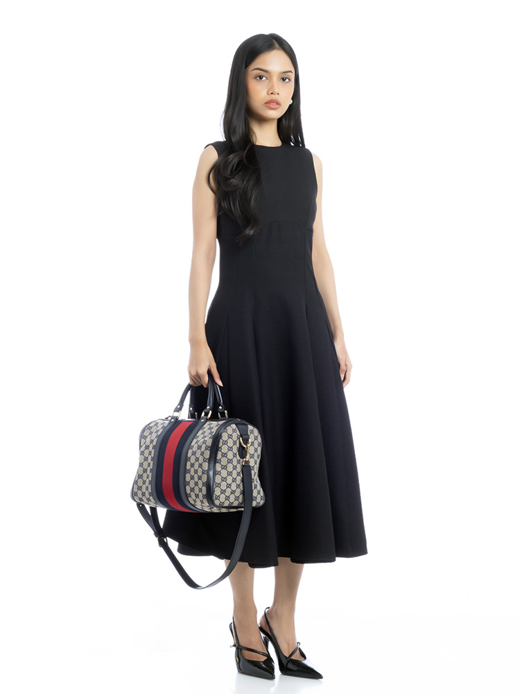 GG Canvas Vintage Web Medium Boston Bag with Strap Navy