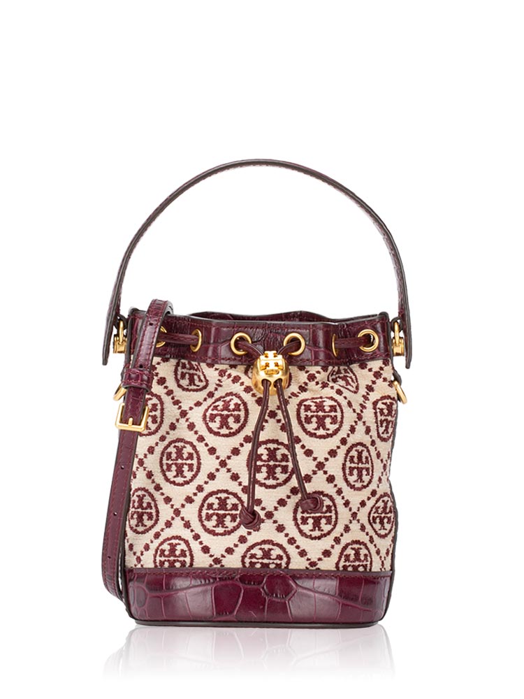 T Monogram Chenille Bucket Bag Claret New Cream