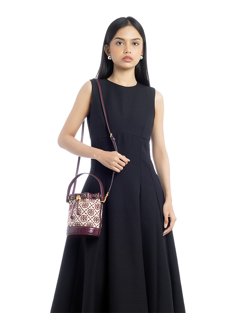 T Monogram Chenille Bucket Bag Claret New Cream