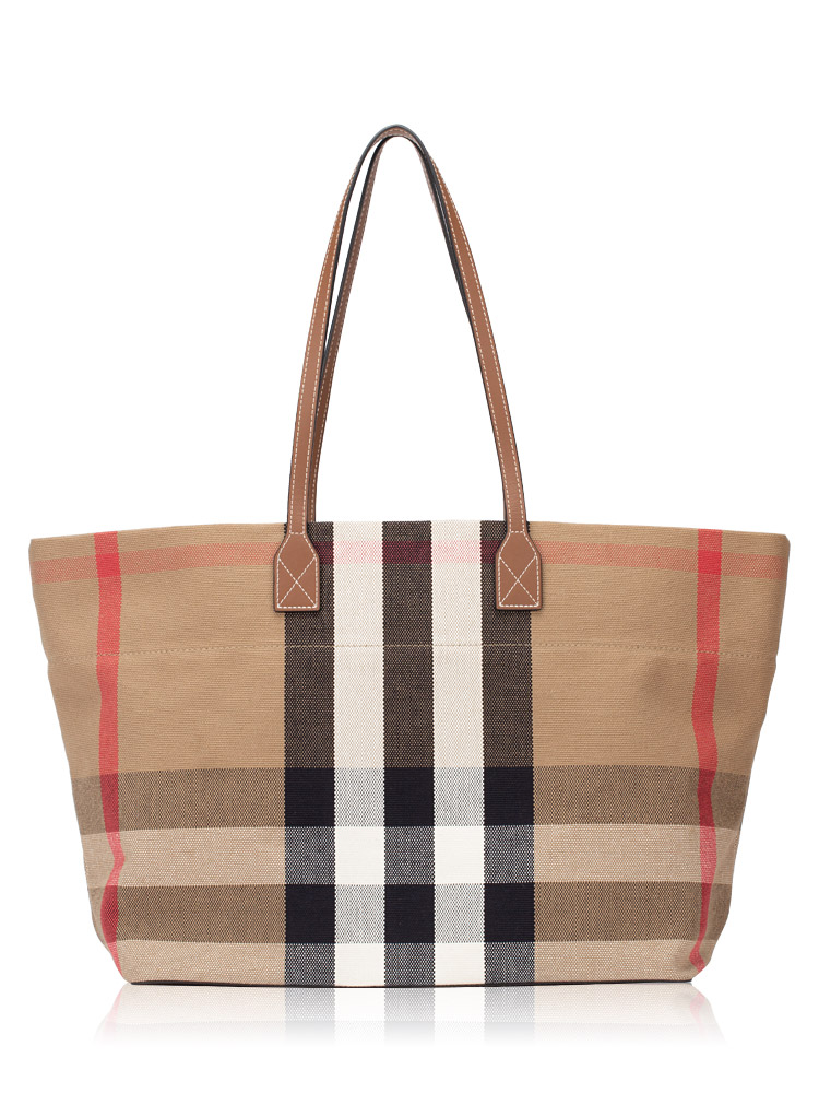 Canvas Giant Check London Medium Tote Taupe Brown