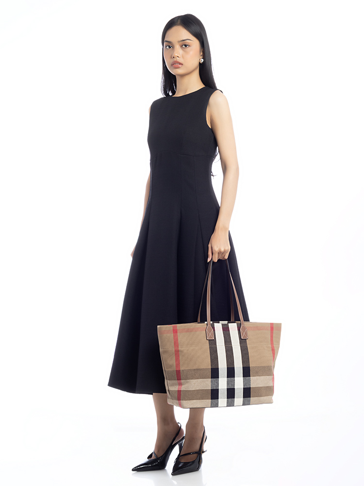 Canvas Giant Check London Medium Tote Taupe Brown