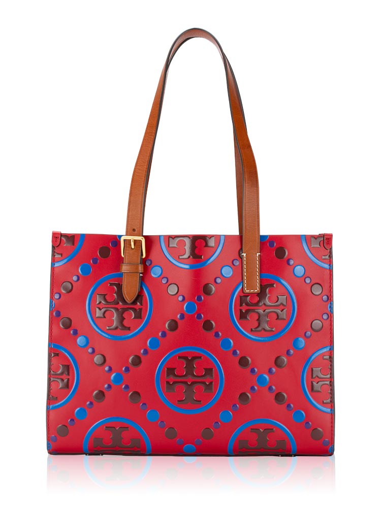 T Monogram Contrast Embossed Small Tote Tory Red