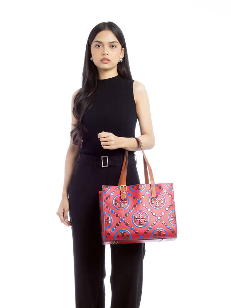 T Monogram Contrast Embossed Small Tote Tory Red